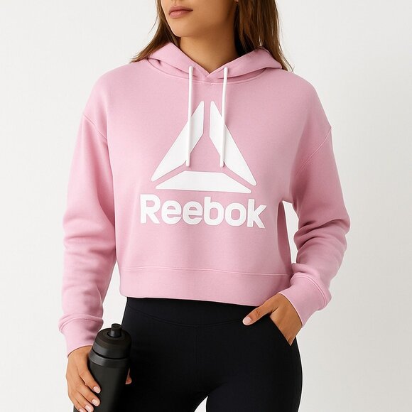 Reebok NWT Pink Relaxed Fit Cropped Hoodie S Logo Pullover Sweatshirt Athleisure - Picture 1 of 12